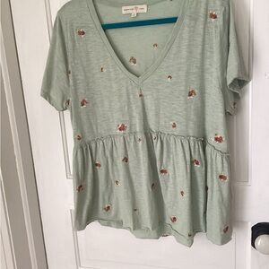 Floral V-Neck Short Sleeve Top - Light Green